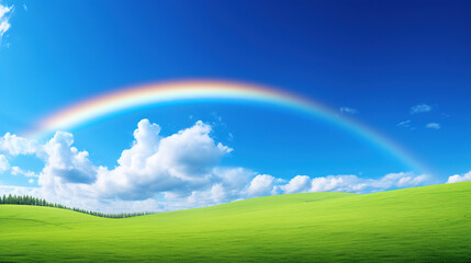Rainbow in the Sky Over Green Field.Generative Ai