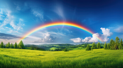 Fototapeta premium Rainbow in the Sky Over Green Field.Generative Ai