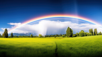 Rainbow in the Sky Over Green Field.Generative Ai