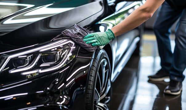 A man meticulously cleaning a car with a microfiber cloth