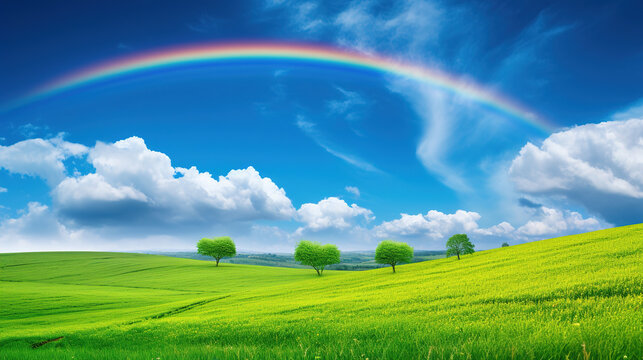 Rainbow in the Sky Over Green Field.Generative Ai
