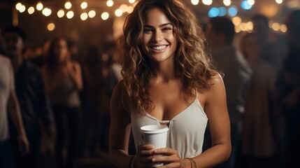 A young smiling woman with a cup of coffee at a party. Generative AI