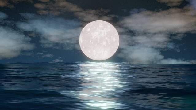 Night ocean and full moon nature scene. Ocean background. Animated clouds. Small waves on water surface. 
