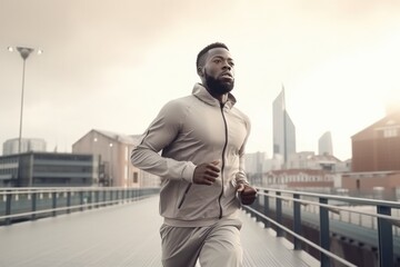 African Man Run In A Tracksuits On City Background . - obrazy, fototapety, plakaty
