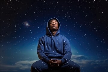 African Man Sit In A Tracksuits On Galaxy Stars Background . African Identity, Tracksuits And Sportswear, Galaxy Aesthetics, Representation In Visual Art