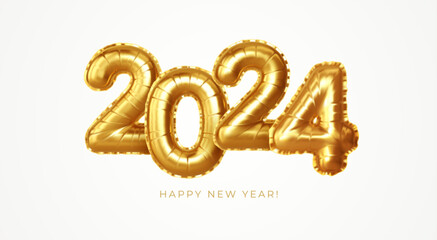 Happy New Year 2024 golden number balloons gift. Calendar header, greetings, Happy New Year 2024 greeting cards. 3d vector realistic illustration
