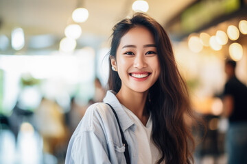 Joyful young woman in casual attire. Generative AI.