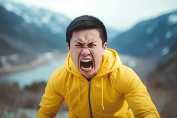 Anger Asian Man In A Yellow Sweatshirt On Mountain Scenery Background. Asian Mans Anger, Yellow Sweatshirt, Mountains, Background - obrazy, fototapety, plakaty