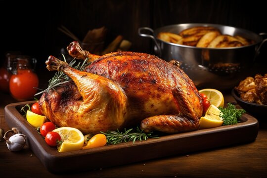 Christmas or Thanksgiving turkey. Delicious roasted whole chicken or turkey on plate