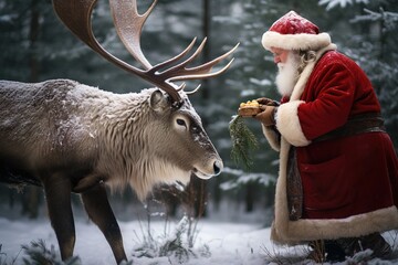 Santa Claus feeds his reindeer Rudolf. He takes a break from his long ride from the North Pole.