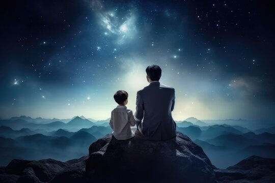 Asian Father And Son Sit In A Colorfull Suits On The Big Moon Background. Asian Family, Colorful Suits, Big Moon, Father Son