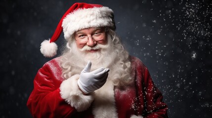 Santa Claus pointing his finger. Placeholder for text and design. Christmas concept. Ideal as a basis for banners and greeting cards for Christmas. 