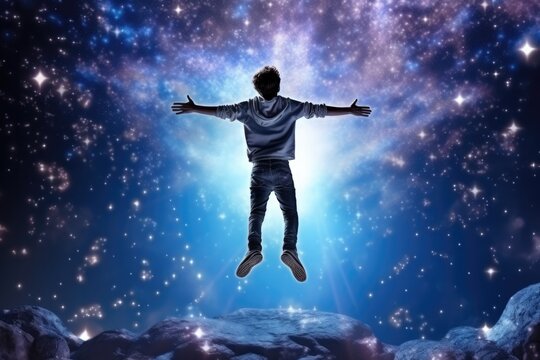 Boy Jump In A Holographic Puffer On Galaxy Stars Background . Holographic Puffer Games, Exploring Virtual Galaxies, Owning The Night Sky, Unlocking Interdimensional Adventure