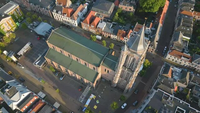 Aerial view of the church and skyline in the city named Gorinchem in the Netherlands