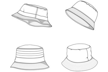 set of bucket hat outline drawing vector, bucket hat in a sketch style,  template outline for training, vector Illustration.