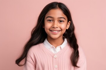 Portrait of a smiling little girl looking at camera on pink background