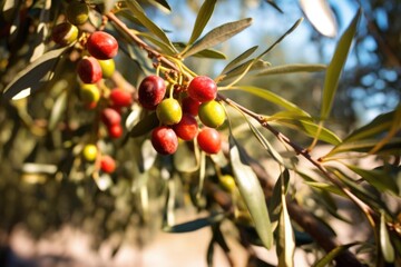 close-up of ripe olives on tree branches in sunlight