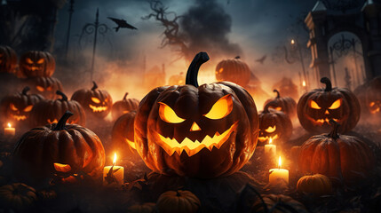 Naklejka premium Halloween Pumpkins in the Woods.Generative Ai