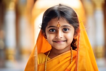 Medium shot portrait of an Indian child female wearing thobe or dishdasha in a hindu temple 