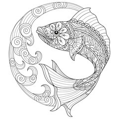 Big fish and sea waves hand drawn for adult coloring book