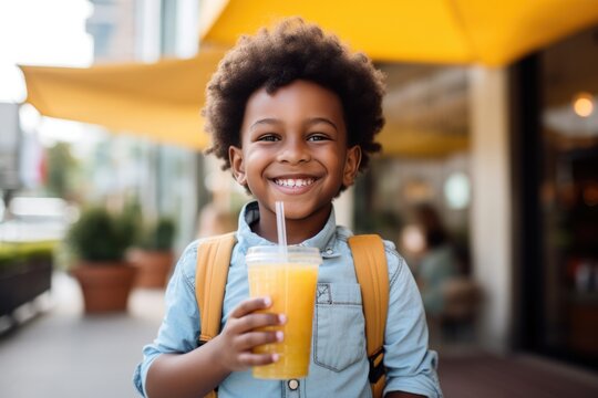 Surprise African Boy Holds And Eats Lemonade On City Background. Сoncept Surprising African Kid, Lemonade Eaters, City Life, Youth Empowerment
