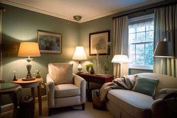 Fototapeta premium Cozy modern home setting with warm, comforting details featuring lit lamp, comfy chair and coffee table in soft color palette.