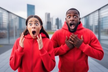 Surprise African Man And Woman Stand In A Tracksuits On City Background. Сoncept Surprise, African Man And Woman, Tracksuits, City Background - obrazy, fototapety, plakaty