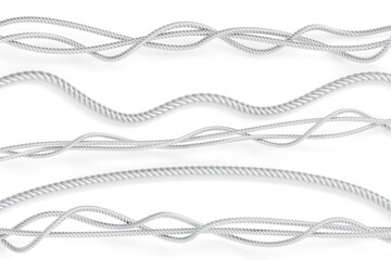Metal rope, steel cord, silver twisted twines, cables or strings, 3d render set. Decorative sewing items or industrial objects isolated on white background. Straight and wave threads. 3D illustration - obrazy, fototapety, plakaty