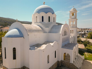 Aerial photo of Agioi Anargiroi church in Agistri on a beautiful spring day
