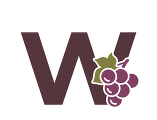 letter w with grapes. fruit and organic food alphabet logotype symbol. gardening, harvest and winemaking design