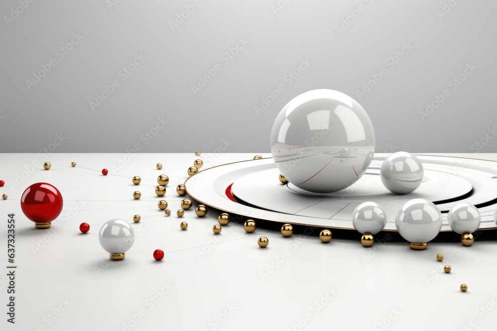 Poster A white sphere surrounded by golden balls on a white surface. Generative AI image.