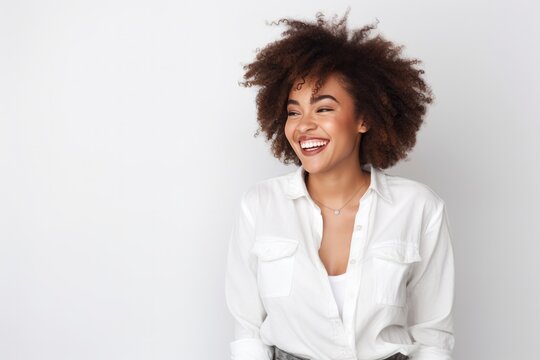 Happiness African Woman In A White Jeans On White Background. Сoncept Happiness, African Woman Empowerment, White Jeans Fashion, Color Palette Impact
