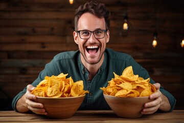 Happiness Man Holds And Eats Nacho Chips On Wooden Plank Background. Сoncept Joyful Living, Being Present, Healthy Eating, Homecooked Meals