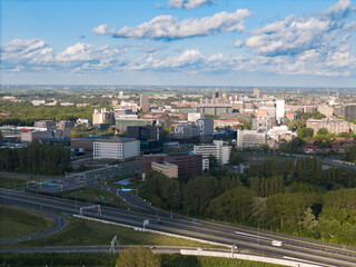 Obraz premium Aerial drone photo of the skyline with office buildings in Leiden, the netherlands