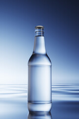 Glass bottle with water on a blue background. 3d render.