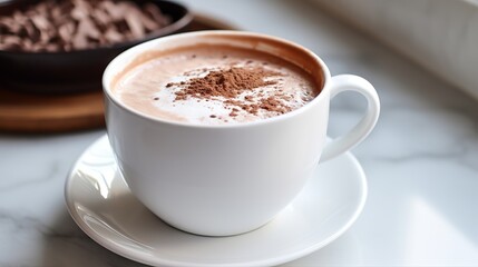 Homemade hot chocolate in a white enamel mug