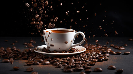 Coffee beans falling into a cup of coffee.Generative Ai