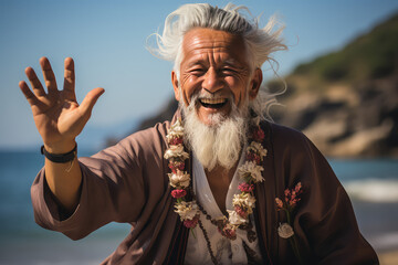 Older japanese man on beach waving with his hand to say hi