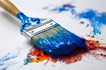 Fototapeta premium Captivating depiction of creativity in action, showing a paint brush, white wall backdrop, and airborne sprinkles of blue paint, embodying camaraderie in house decoration.