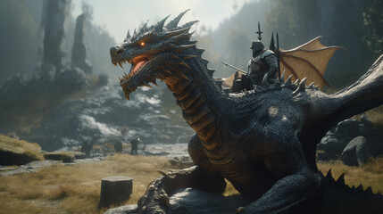 An ancient dragon with a fantasy kingdom in the background, Generative AI art
