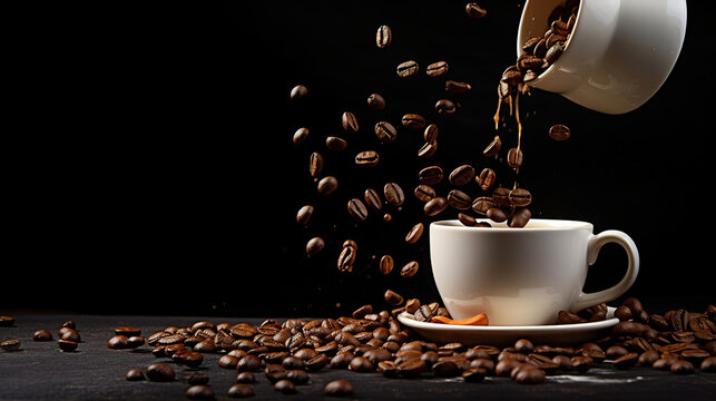 Coffee beans falling into a cup of coffee.Generative Ai