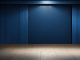 Dark blue background empty room wooden wall and floor with spotlights. 3D rendering product presentation display mockup.