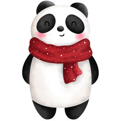 Festive watercolor cute baby panda illustration with red scarf. Christmas animal clipart.