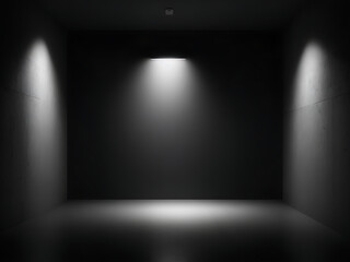 Black empty room with spotlights on the wall. 3D rendering product presentation background.