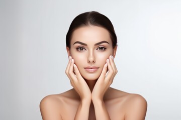Fototapeta na wymiar Skin care. Woman with beauty face touching healthy facial skin portrait. Beautiful smiling girl model with natural makeup touching glowing hydrated skin on light background closeup.