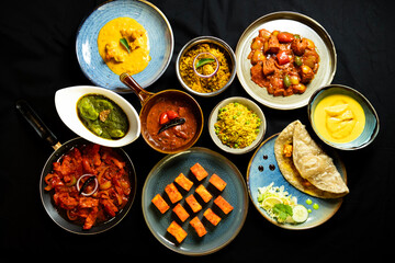 Delicious and colorful Indian food on a black background