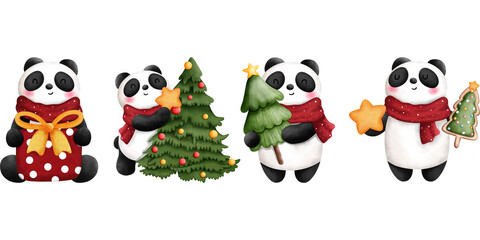 Set of adorable watercolor happy baby panda with christmas ornaments illustrations.