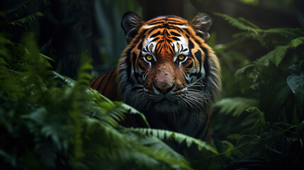 Fototapeta premium A close-up of a tiger in the jungle. Generative Ai