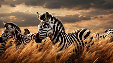 A herd of zebras running through a field.Generative Ai