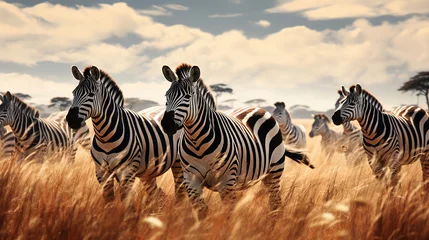 Fotobehang A herd of zebras running through a field.Generative Ai © Shades3d